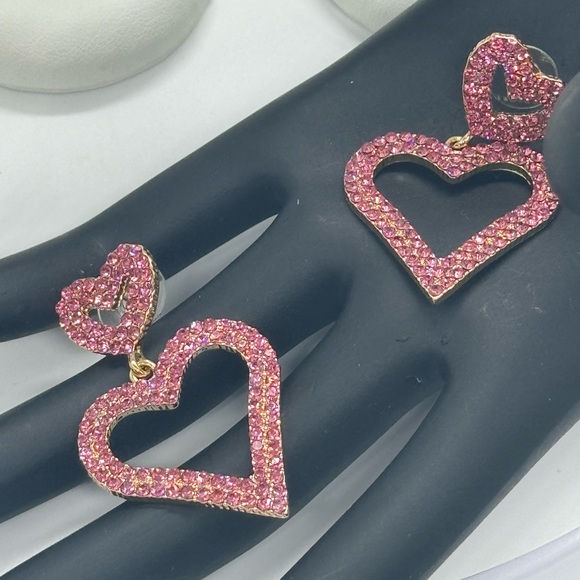 Open Heart Drop Dangle Earrings Made w/ Swarovski Crystal Gold Overlay - Picture 12 of 16